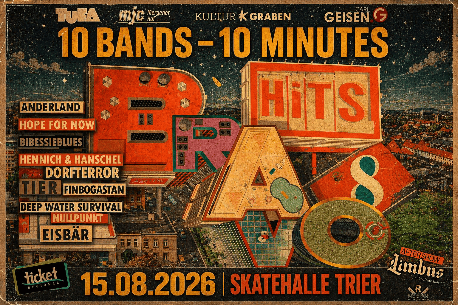 2026 08 15 10 bands 10 minutes skatehalle trier west veranstalter tufa trier in kooperation mit mergener hof e.v. 18 uhr open air anderland hope for now bibeessieblues hennich & hanschel dorfterror trier finbogastan